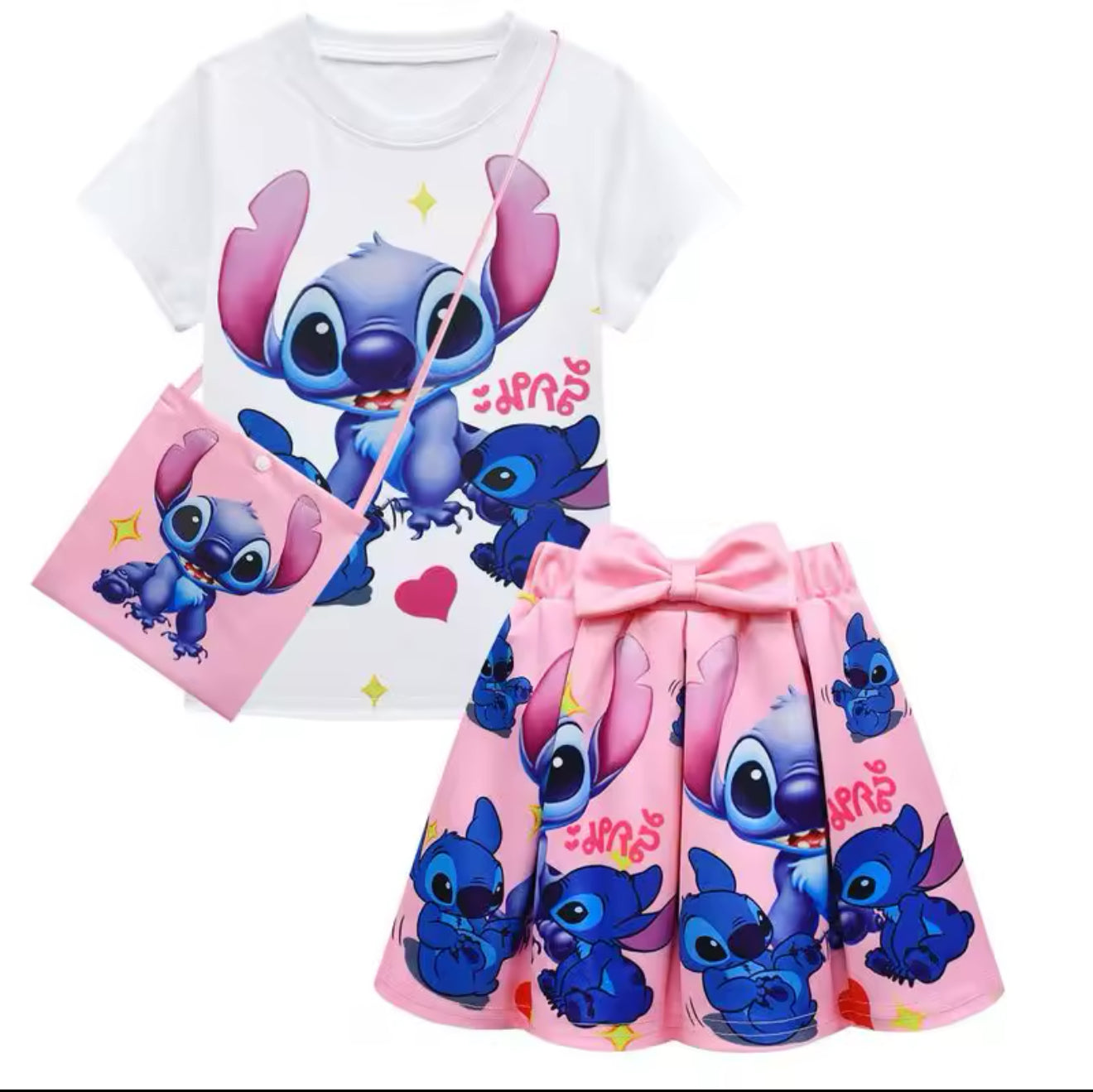 Stitch Kinder-Set Shirt/Faltenrock/Tasche