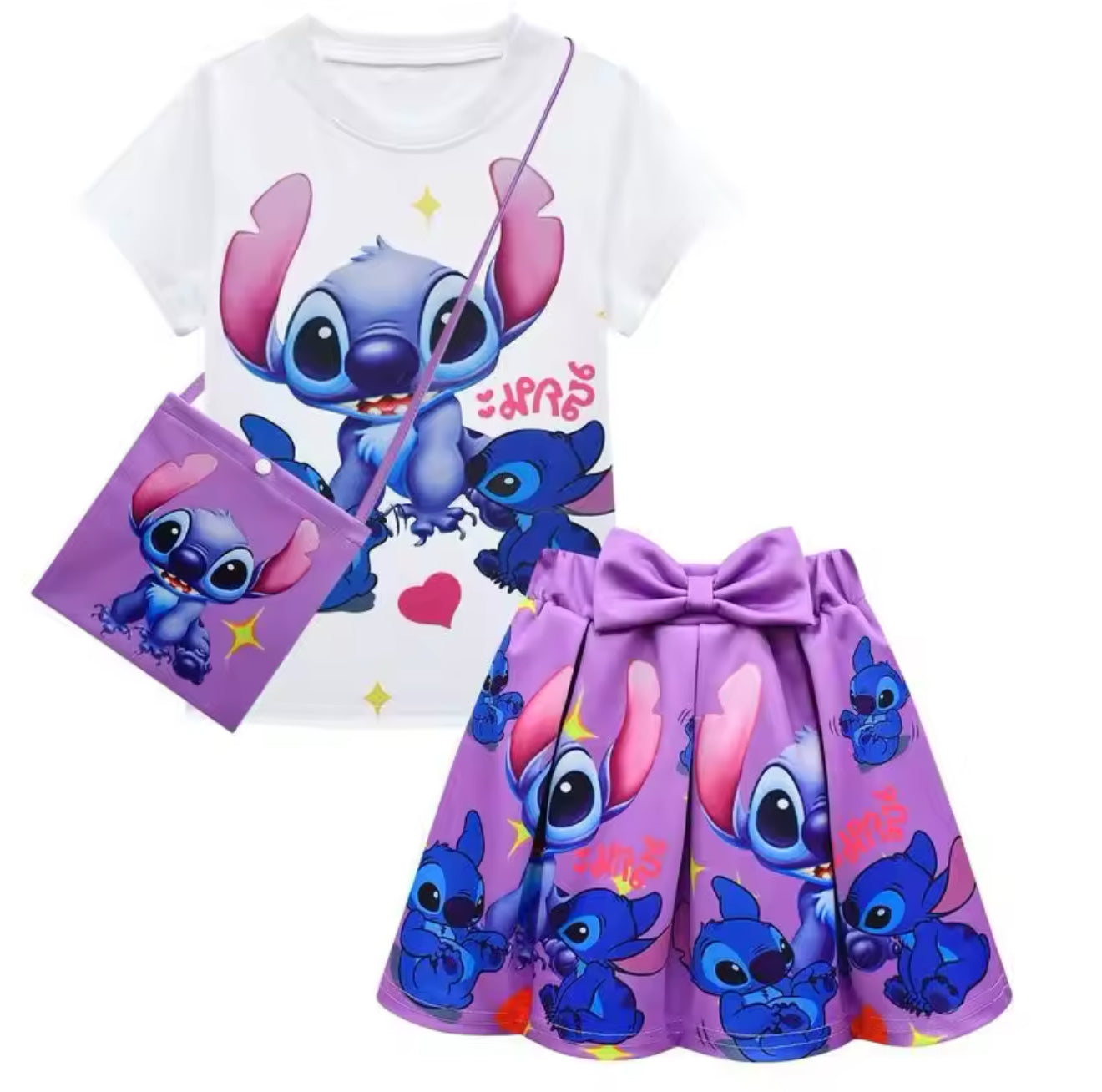 Stitch Kinder-Set Shirt/Faltenrock/Tasche
