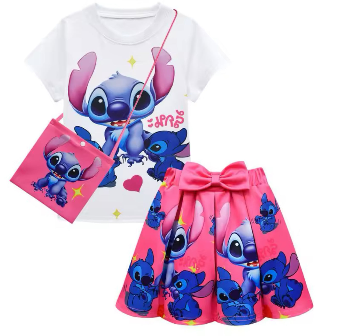 Stitch Kinder-Set Shirt/Faltenrock/Tasche