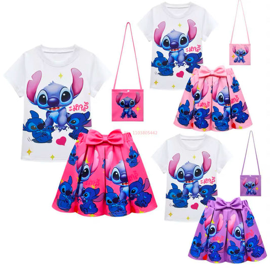 Stitch Kinder-Set Shirt/Faltenrock/Tasche